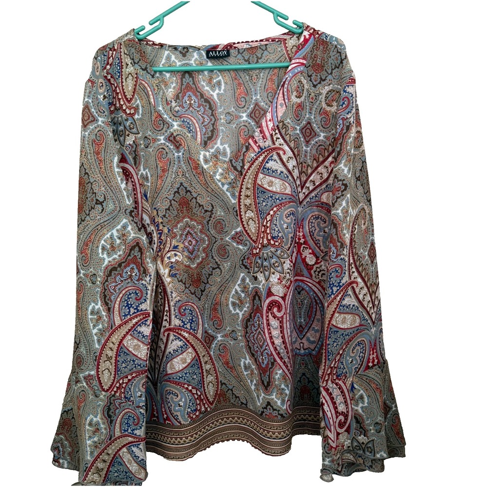 Alloy Paisley Sheer Top 3X Bell Sleeve Boho Festival Romantic Office Work Career